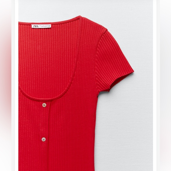 Zara Red Button-Front Ribbed Midi Dress - Picture 6 of 8